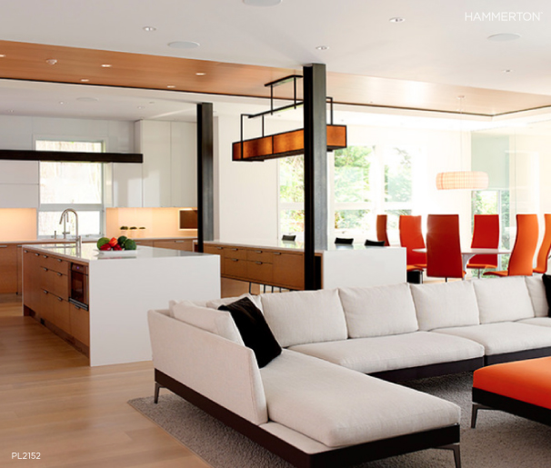 A bold PL2152 island fixture, scaled to nearly two times its standard length, complement the colorful accents in this modern Mercer Island kitchen. Photo courtesy of Stuart Silk Architects.
