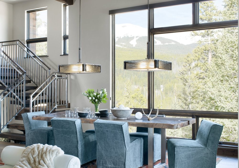 Two Hammerton Studio Urban Loft square chandeliers over a rustic contemporary mountain dining table | Pinnacle Design Studio | Frisco, CO