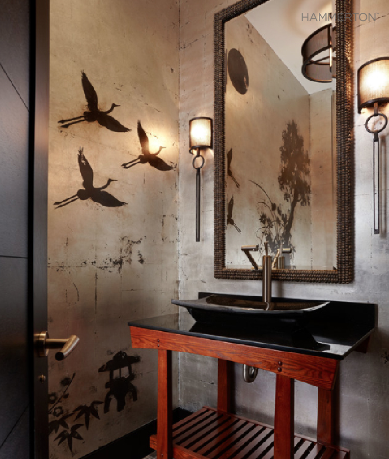A pair of Contemporary CS2169 mesh cover sconces underscore the Asian-inspired glamour of this Palm Beach powder room. Interiors by Mary Washer Designs.