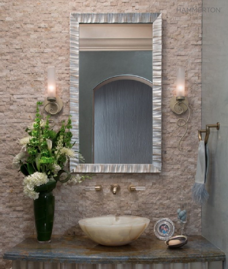 Two Seriph CS1018 sconces playfully nod to the varied curves and textures in this Orange county powder room. Interiors by Design Focus.