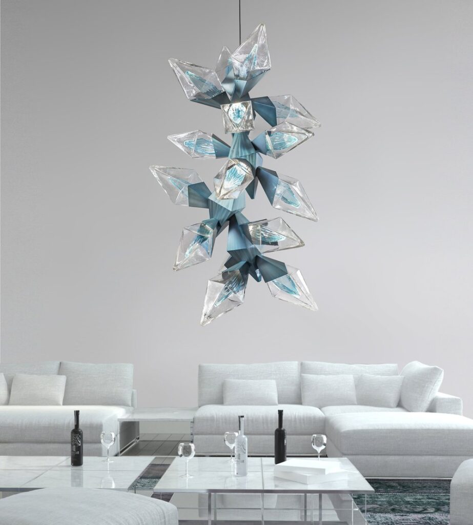 A sculptural blown glass and steel chandelier 