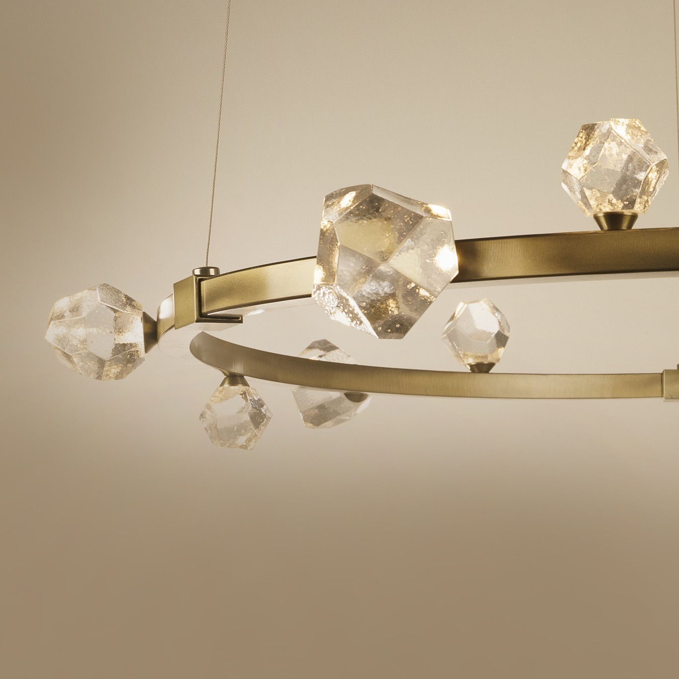 closeup detail of the Hammerton Studio Stella ring chandelier showcases the stunning beautify of crystal glass illuminated by integrated LEDs