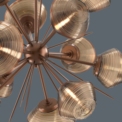 Closeup detail of a Hammerton Studio Mesa starburst chandelier with bronze finish.