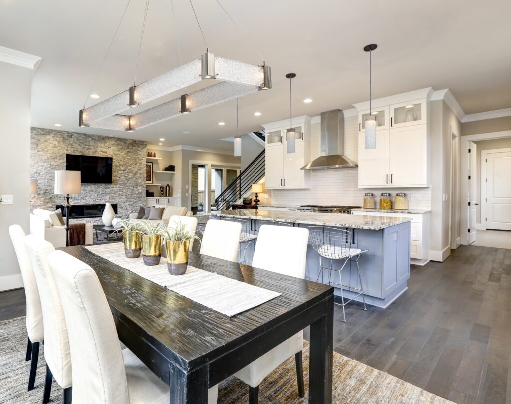 The Parallel rectangular glass dining light in a transitional kitchen