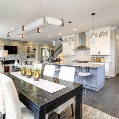 The Parallel rectangular glass dining light in a transitional kitchen
