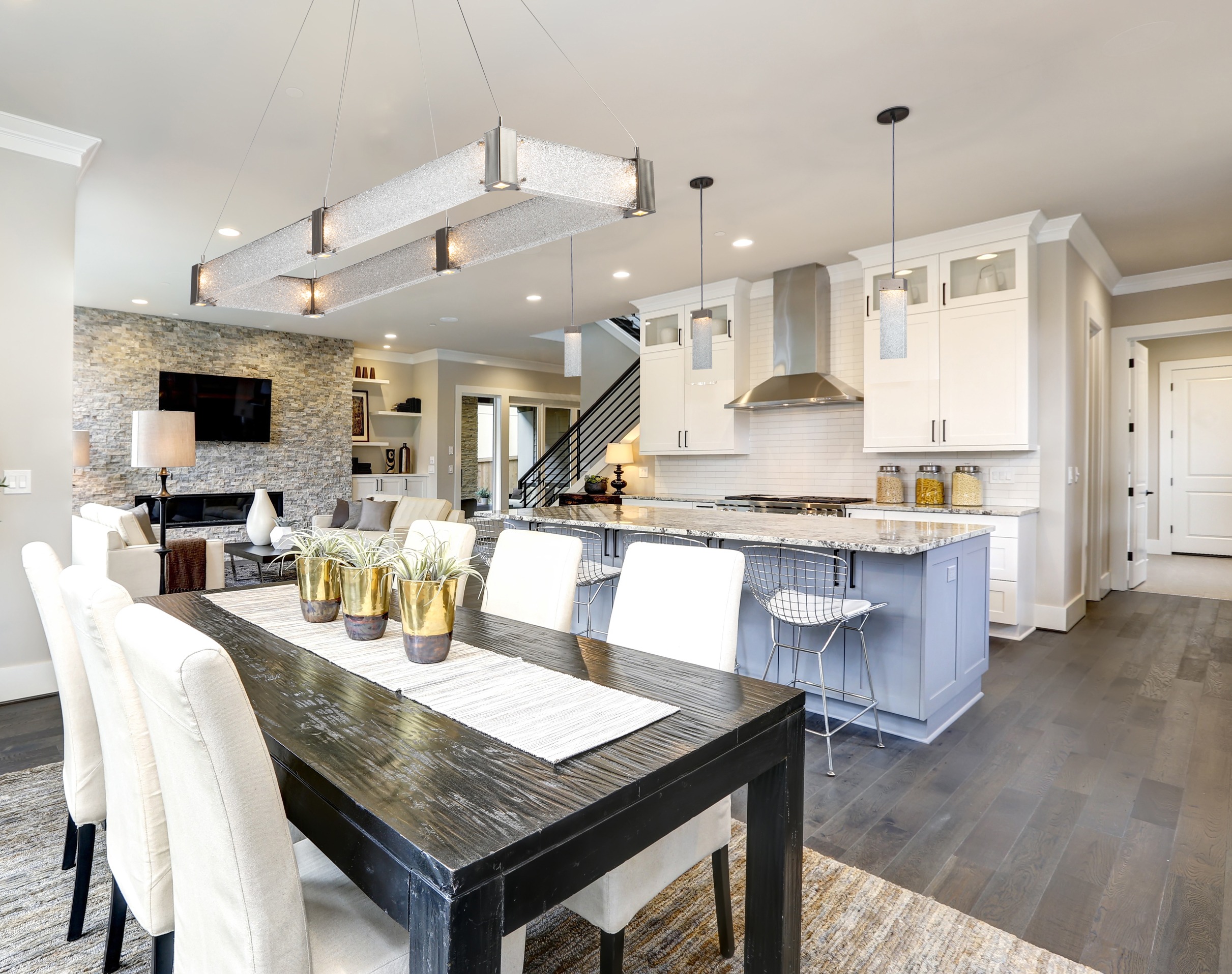 The Parallel rectangular glass dining light in a transitional kitchen