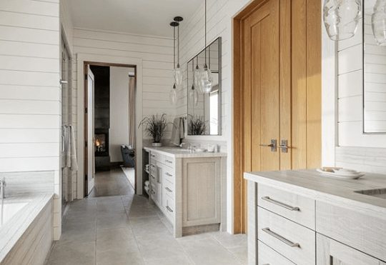 Optic Blown Glass pendants in a modern farmhouse master bathroom