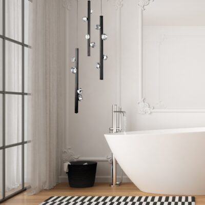 Minimal luxury bathroom with bathtub, carpet, mirror and pendant