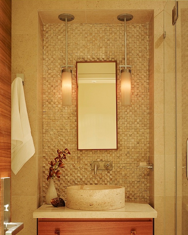 A pair of Hammerton LA2095 contemporary pendants in the powder room of a beachfront home.