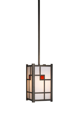 A bold stained glass accent provides an eye-catching Frank Lloyd Wright-inspired pop of color to this geometric pendant.