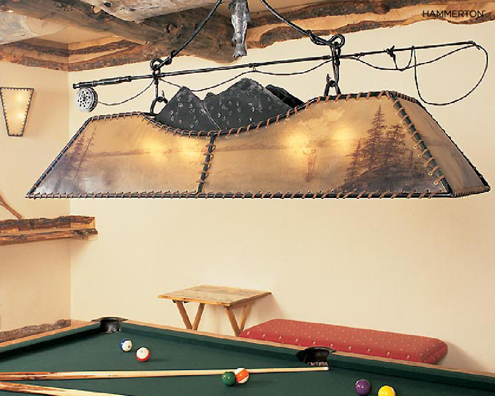 Rawhide and leather lashing complement the steel work and fishing rod in this PL4015, while the hand-painted wilderness scene takes center stage.