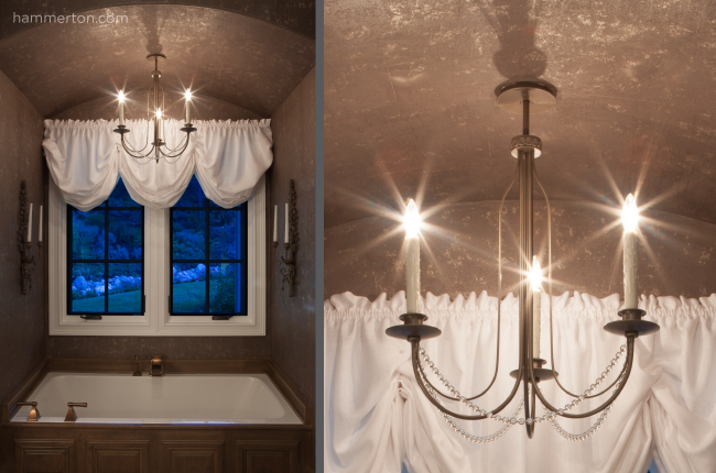 Installation of a simple yet elegant chandelier featuring custom beadwork and three candlestick lights