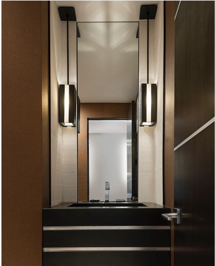 Contemporary Hammerton pendants set the tone in this sleek, sophisticated powder room by the talented design duo Mark and Aly Interior Design in Salt Lake City. 