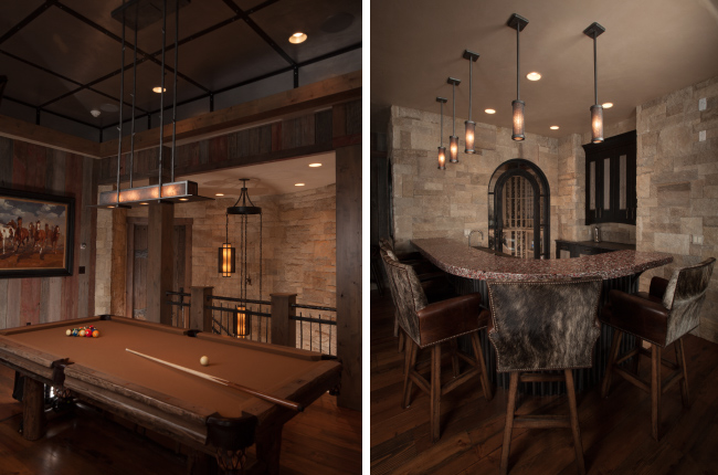 A contemporary pool light and five pendants in light mica, fine mesh and a Pewter finish beautifully complement the authentic finishes of the billiards room.