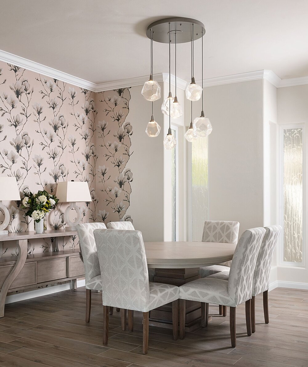 A Hammerton Studio Gem round multi-port is an enchanting addition to this charming dining area by JY Design Interiors | Encinitas, CA