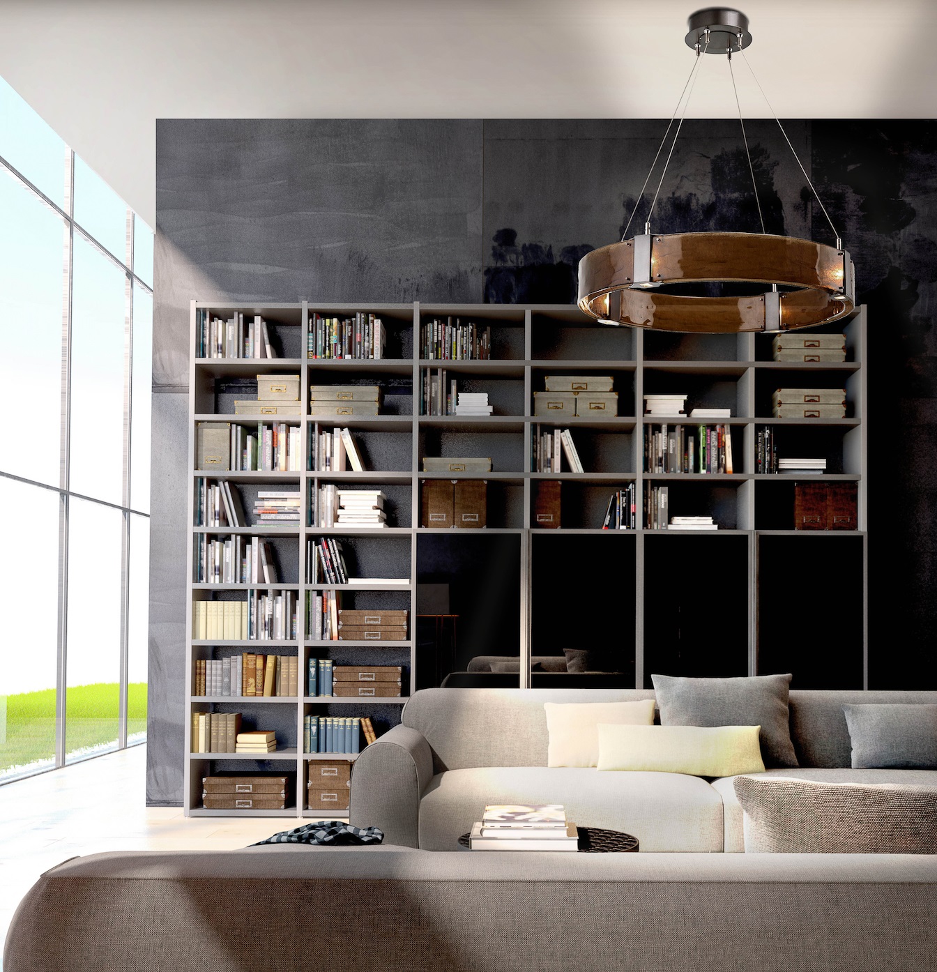 Hammerton Studio Parallel Ring Chandelier in Bronze – living room bookcase context