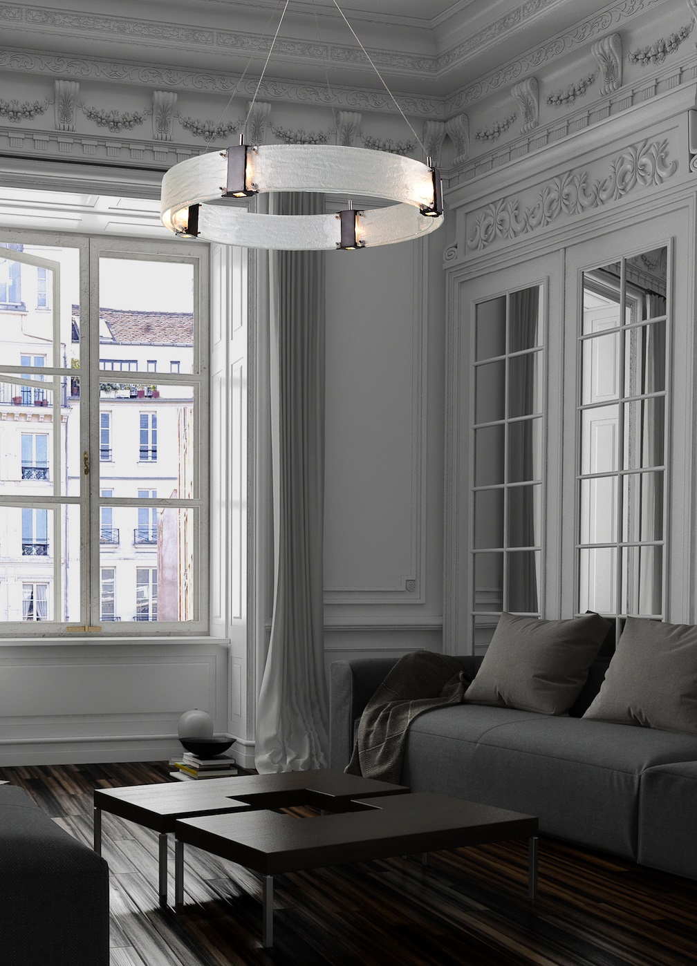 Hammerton Studio Parallel Ring Chandelier in Frosted Glass – living room context