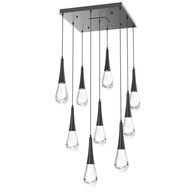 CHB0078-09-MB-Hammerton-Studio-Raindrop-9-light-square-pendant-chandelier-with-matte-black-finish-and-clear-blown-glass-shades-and-LED-lamping
