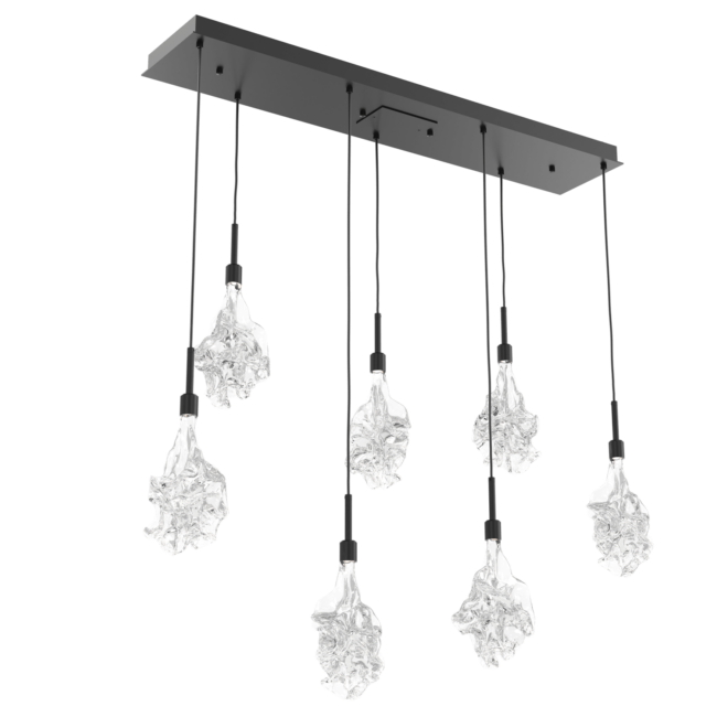 PLB0059-07-MB-Hammerton-Studio-Blossom-7-light-linear-pendant-chandelier-with-matte-black-finish-and-clear-handblown-crystal-glass-shades-and-LED-lamping