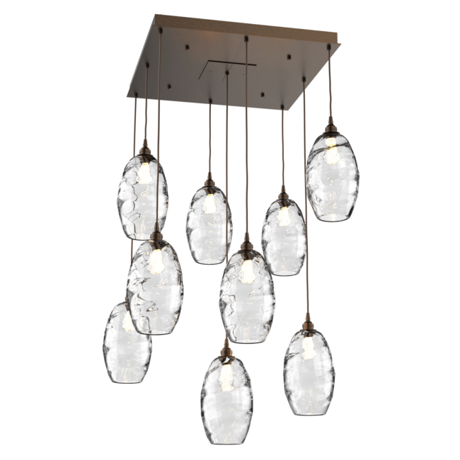 CHB0035-09-FB-OC-Hammerton-Studio-Optic-Blown-Glass-Elisse-9-light-square-pendant-chandelier-with-flat-bronze-finish-and-optic-clear-blown-glass-shades-and-incandescent-lamping