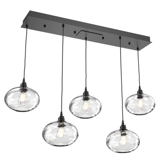 PLB0036-05-MB-OC-Hammerton-Studio-Optic-Blown-Glass-Coppa-5-light-linear-pendant-chandelier-with-matte-black-finish-and-optic-clear-blown-glass-shades-and-incandescent-lamping