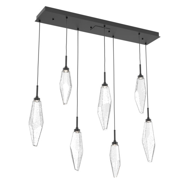 PLB0050-07-MB-CC-Hammerton-Studio-Rock-Crystal-7-light-linear-pendant-chandelier-with-matte-black-finish-and-clear-glass-shades-and-LED-lamping