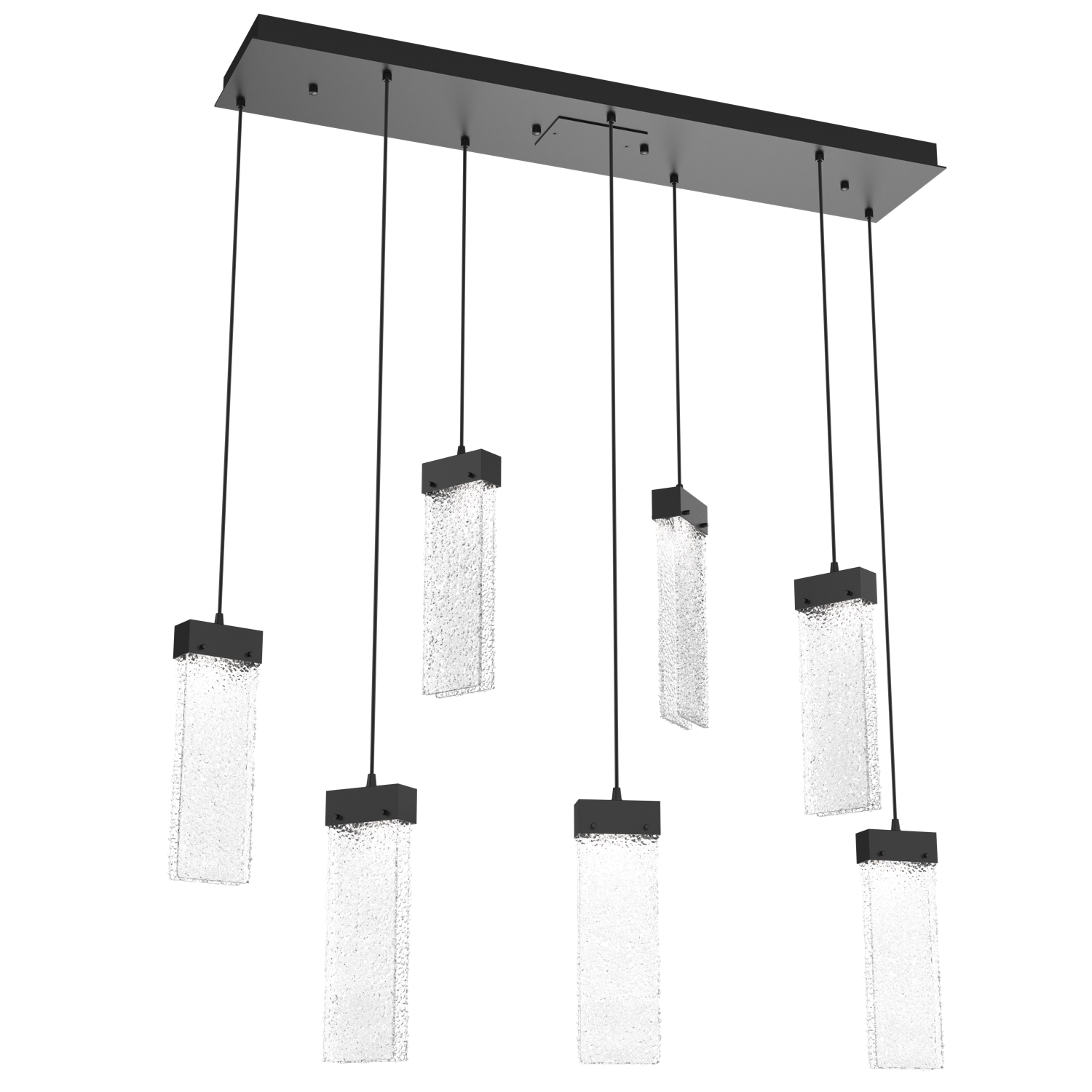PLB0042-07-MB-CR-Hammerton-Studio-Parallel-7-light-linear-pendant-chandelier-with-matte-black-finish-and-crackled-rimelight-glass-shades-and-LED-lamping