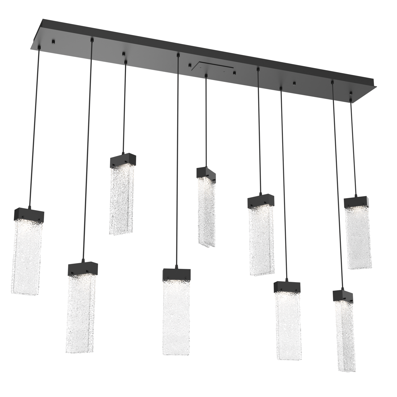 PLB0042-09-MB-CR-Hammerton-Studio-Parallel-9-light-linear-pendant-chandelier-with-matte-black-finish-and-crackled-rimelight-glass-shades-and-LED-lamping