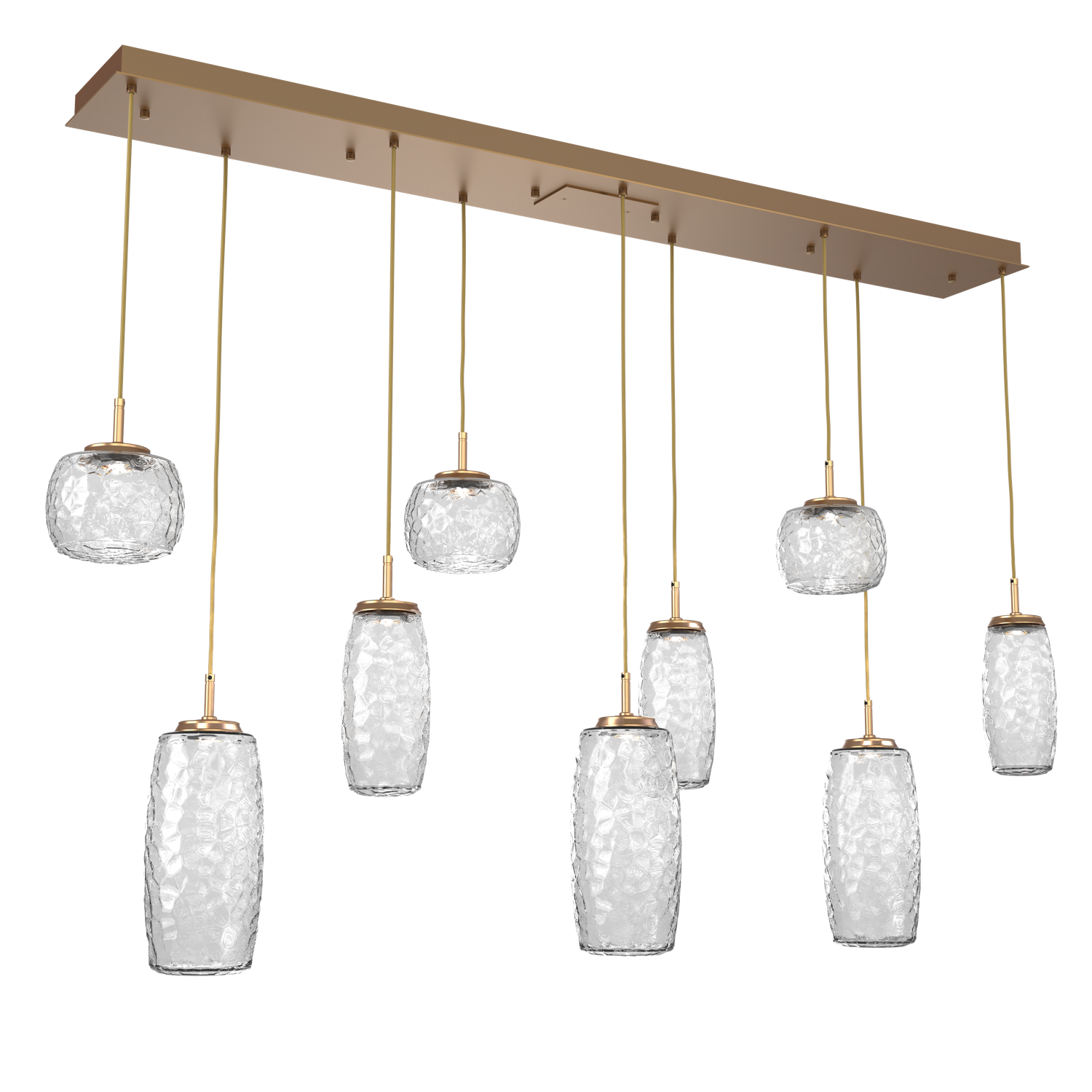 PLB0091-09-NB-C-Hammerton-Studio-Vessel-9-light-linear-multi-pendant-chandelier-with-novel-brass-finish-and-clear-blown-glass-shades-and-LED-lamping