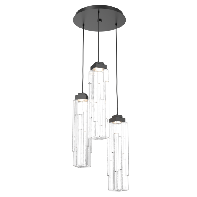 CHB0056-03-MB-LC-Hammerton-Studio-Ledgestone-3-light-round-pendant-chandelier-with-matte-black-finish-and-clear-rectangular-blown-glass-shades-and-LED-lamping