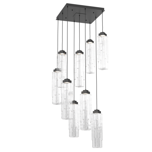 CHB0056-09-MB-LC-Hammerton-Studio-Ledgestone-9-light-square-pendant-chandelier-with-matte-black-finish-and-clear-rectangular-blown-glass-shades-and-LED-lamping