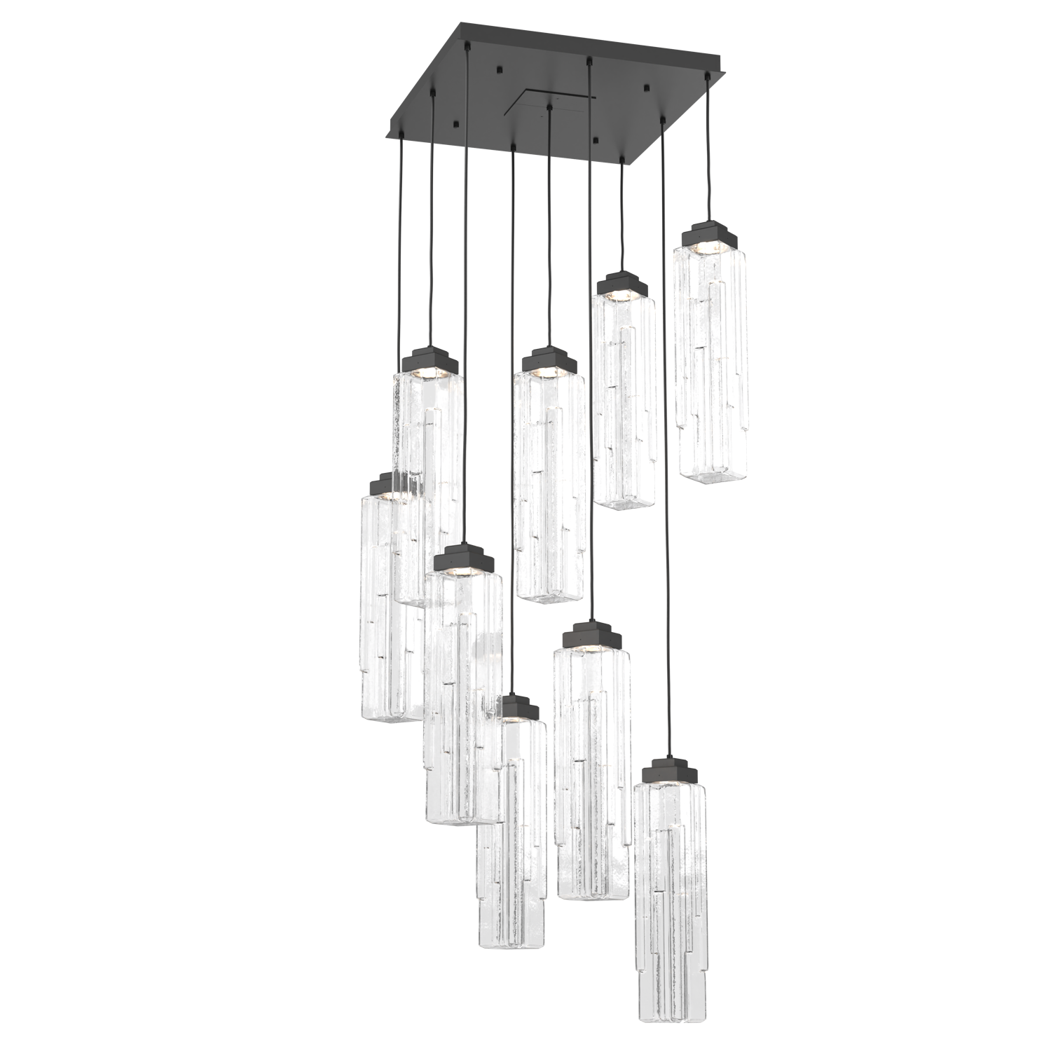 CHB0056-09-MB-LC-Hammerton-Studio-Ledgestone-9-light-square-pendant-chandelier-with-matte-black-finish-and-clear-rectangular-blown-glass-shades-and-LED-lamping