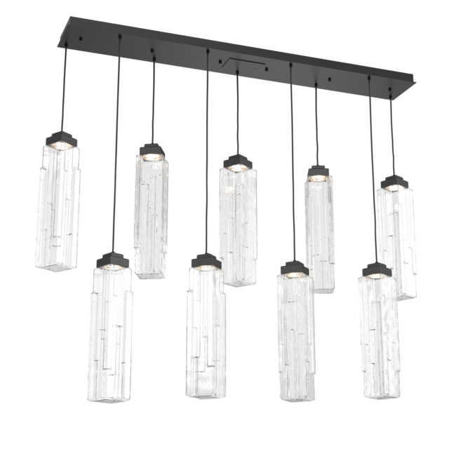 PLB0056-09-MB-LC-Hammerton-Studio-Ledgestone-9-light-linear-pendant-chandelier-with-matte-black-finish-and-clear-rectangular-blown-glass-shades-and-LED-lamping