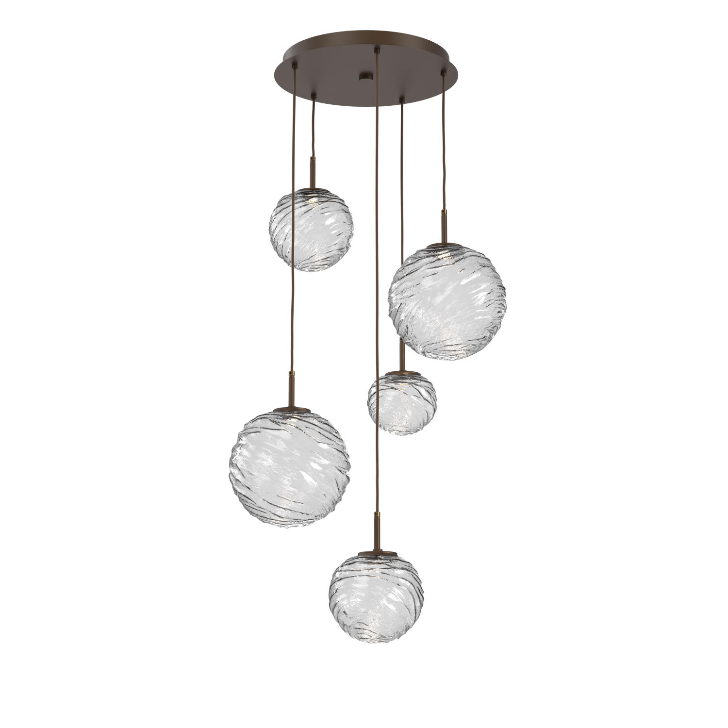 CHB0092-05-FB-C-Hammerton-Studio-Gaia-5-light-round-multi-pendant-chandelier-with-flat-bronze-finish-and-clear-blown-glass-shades-and-LED-lamping