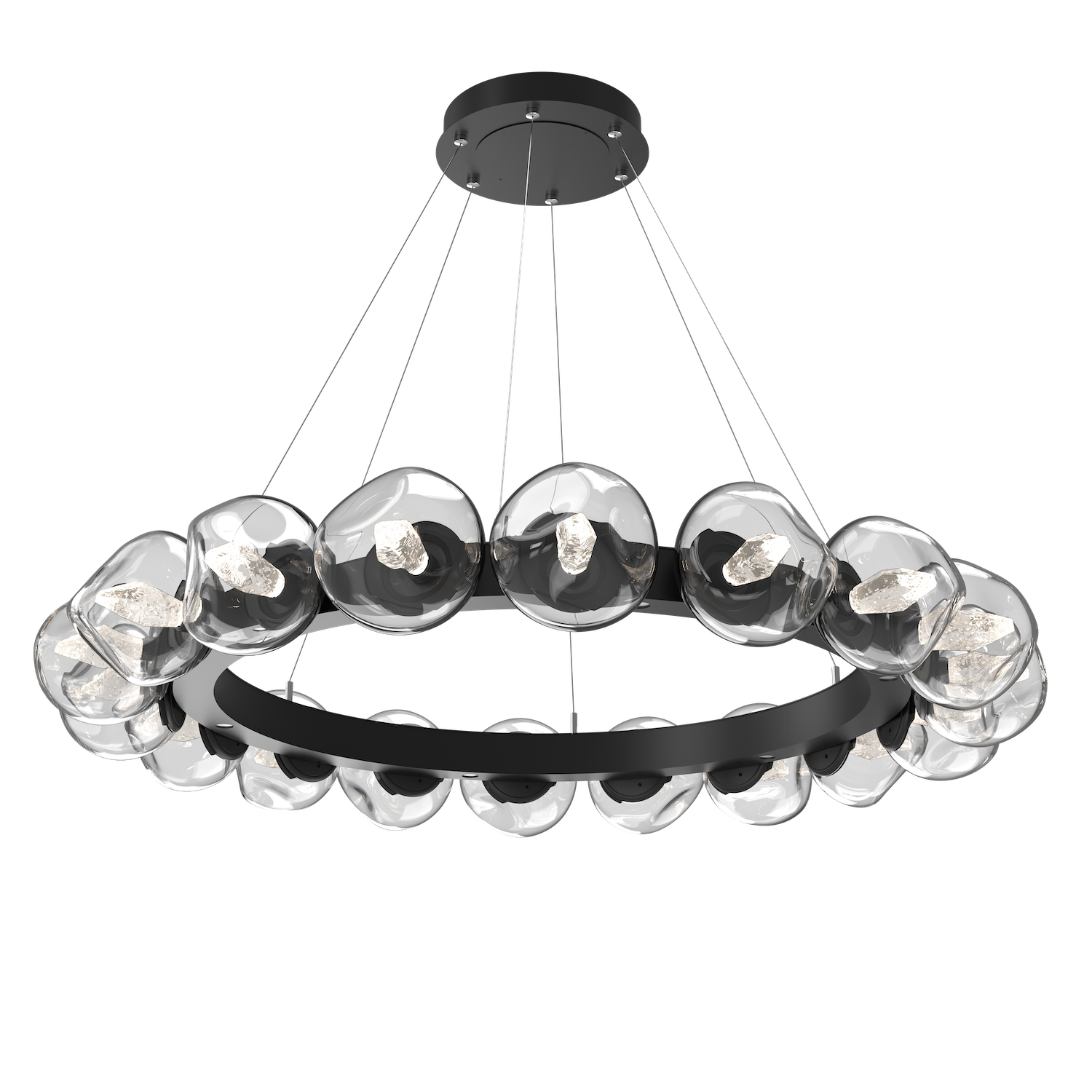 CHB0095-48-MB-GC-Hammerton-Studio-Luna-18-light-radial-ring-chandelier-with-matte-black-finish-and-clear-blown-glass-with-geo-clear-cast-glass-diffusers-and-LED-lamping
