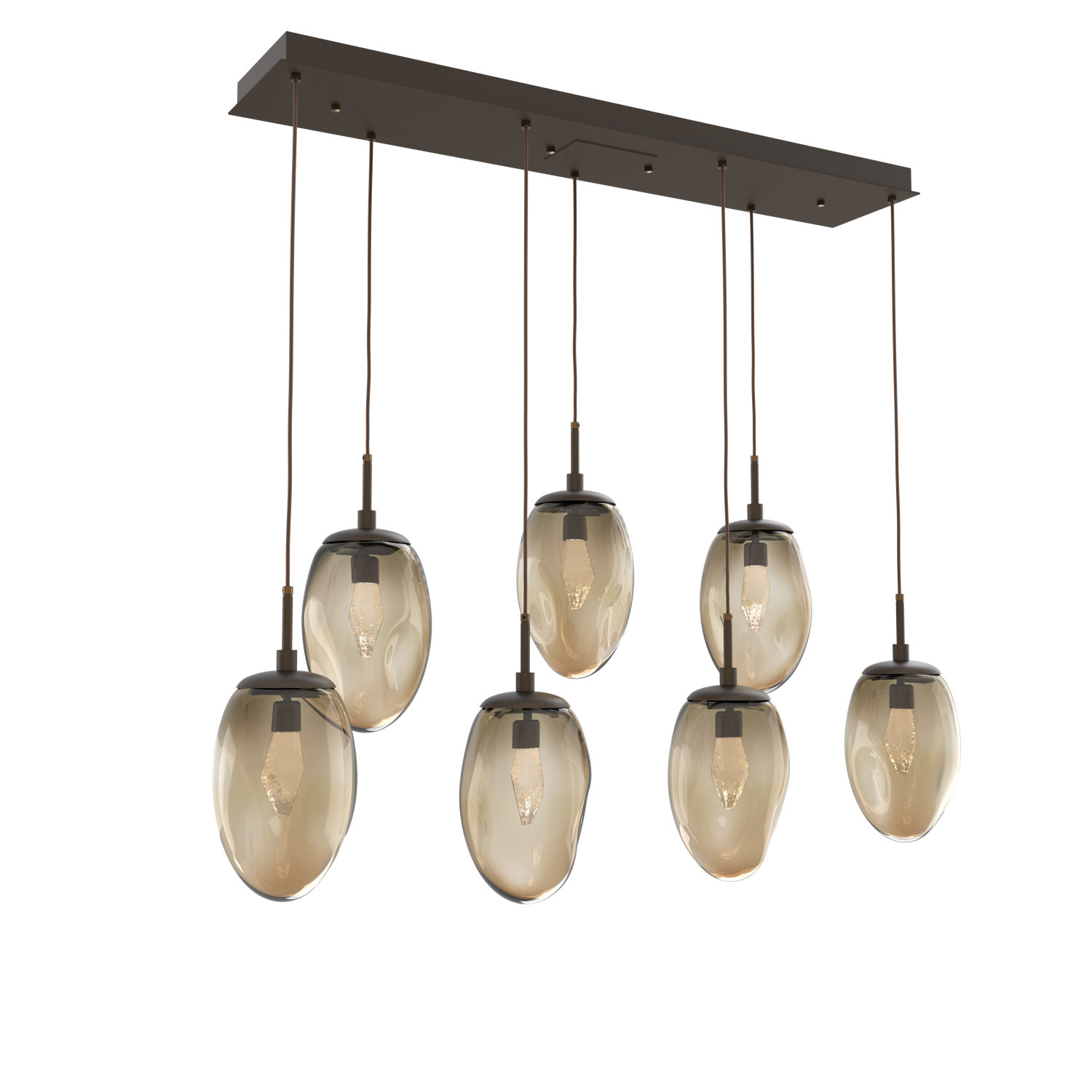 PLB0067-07-FB-GB-Hammerton-Studio-Nebula-Meteo-7-light-linear-pendant-chandelier-with-flat-bronze-finish-and-bronze-blown-glass-with-geo-clear-cast-glass-diffusers-and-LED-lamping