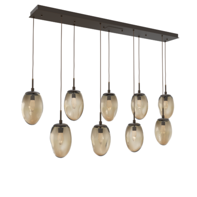 PLB0067-09-FB-GB-Hammerton-Studio-Nebula-Meteo-9-light-linear-pendant-chandelier-with-flat-bronze-finish-and-bronze-blown-glass-with-geo-clear-cast-glass-diffusers-and-LED-lamping