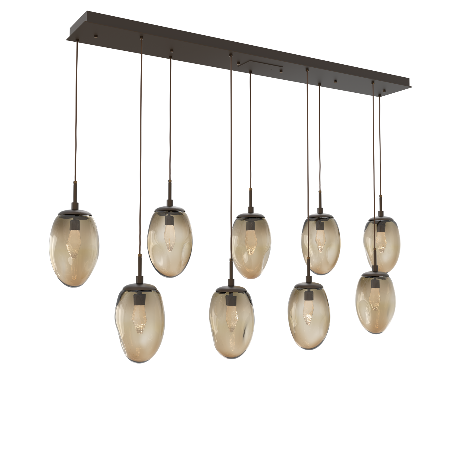 PLB0067-09-FB-GB-Hammerton-Studio-Nebula-Meteo-9-light-linear-pendant-chandelier-with-flat-bronze-finish-and-bronze-blown-glass-with-geo-clear-cast-glass-diffusers-and-LED-lamping