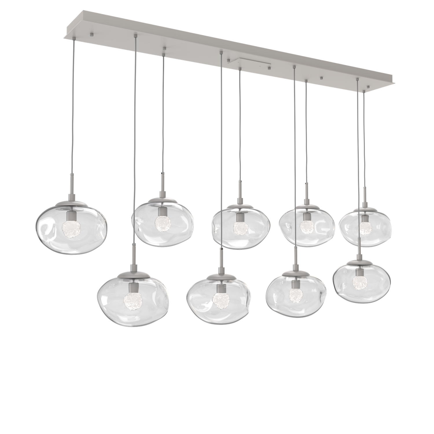 PLB0068-09-BS-FC-Hammerton-Studio-Nebula-Nova-9-light-linear-pendant-chandelier-with-beige-silver-finish-and-clear-blown-glass-with-floret-clear-cast-glass-diffusers-and-LED-lamping