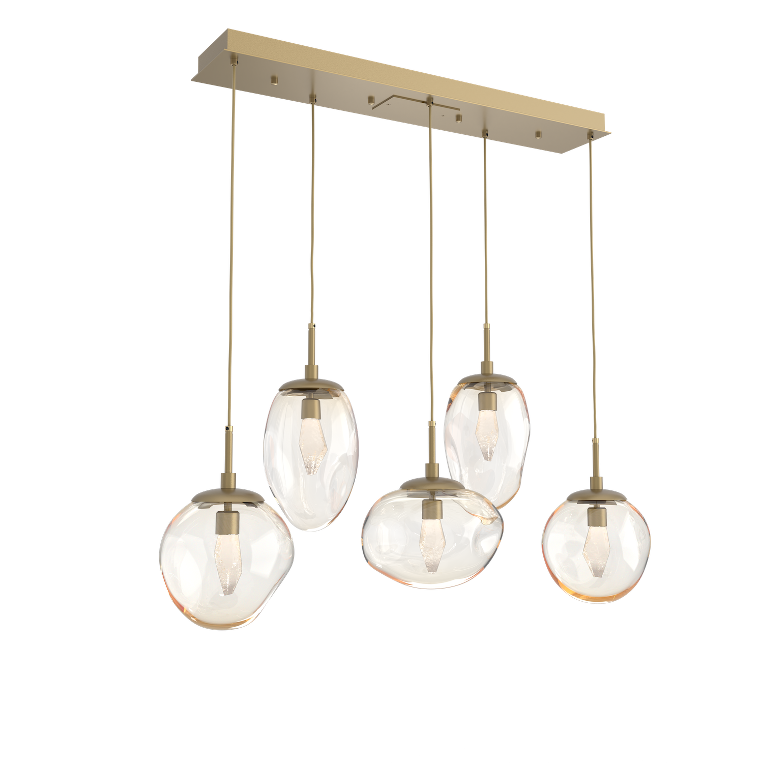PLB0069-05-GB-GA-Hammerton-Studio-Nebula-Cosmos-5-light-linear-pendant-chandelier-with-gilded-brass-finish-and-amber-blown-glass-with-geo-clear-cast-glass-diffusers-and-LED-lamping