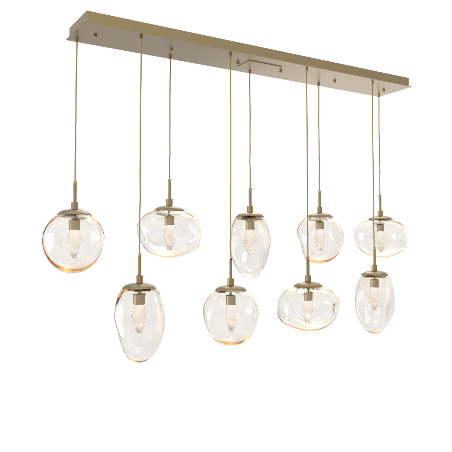 PLB0069-09-GB-GA-Hammerton-Studio-Nebula-Cosmos-9-light-linear-pendant-chandelier-with-gilded-brass-finish-and-amber-blown-glass-with-geo-clear-cast-glass-diffusers-and-LED-lamping