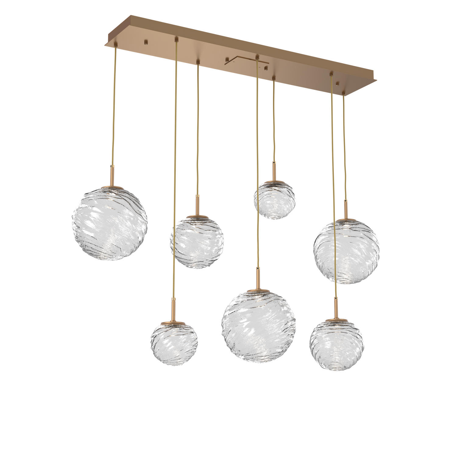 PLB0092-07-NB-C-Hammerton-Studio-Gaia-7-light-linear-multi-pendant-chandelier-with-novel-brass-finish-and-clear-blown-glass-shades-and-LED-lamping