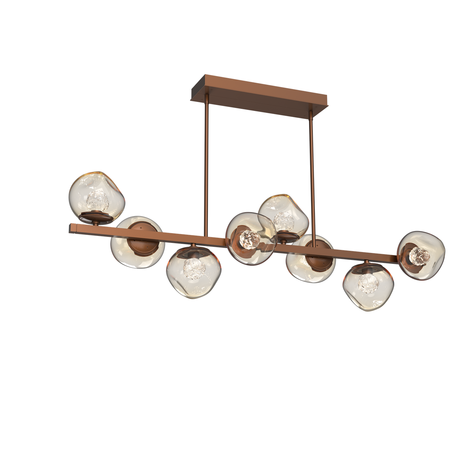 PLB0095-T8-BB-FA-Hammerton-Studio-Luna-8-light-twisted-branch-linear-chandelier-with-burnished-bronze-finish-and-amber-blown-glass-with-floret-clear-cast-glass-diffusers-and-LED-lamping