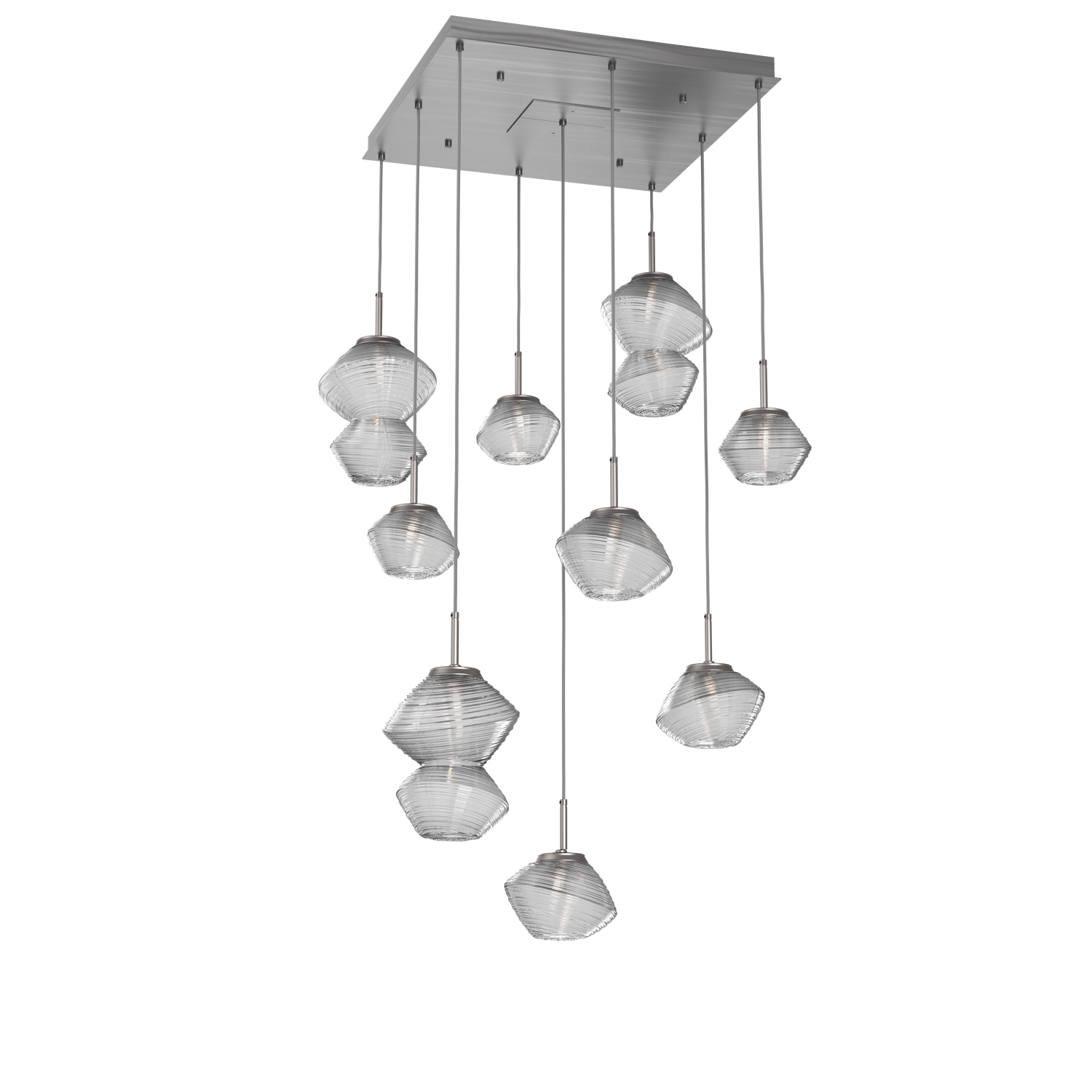 CHB0089-09-SN-C-Hammerton-Studio-Mesa-9-light-multi-pendant-chandelier-with-satin-nickel-finish-and-clear-blown-glass-shades-and-LED-lamping
