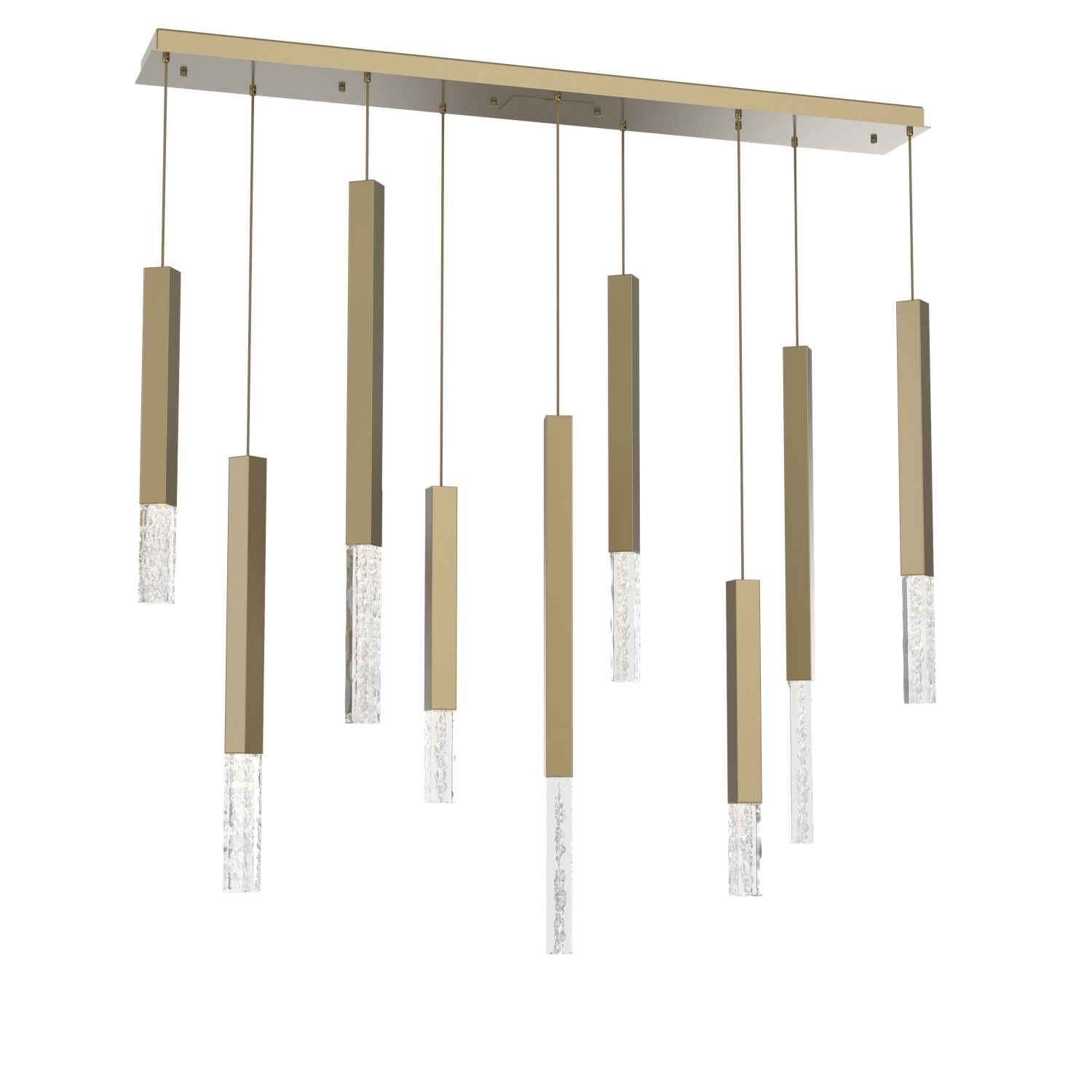 PLB0097-09-GB-GC-Hammerton-Studio-Axis-XL-9-light-linear-pendant-chandelier-with-gilded-brass-finish-and-clear-cast-glass-shades-and-LED-lamping