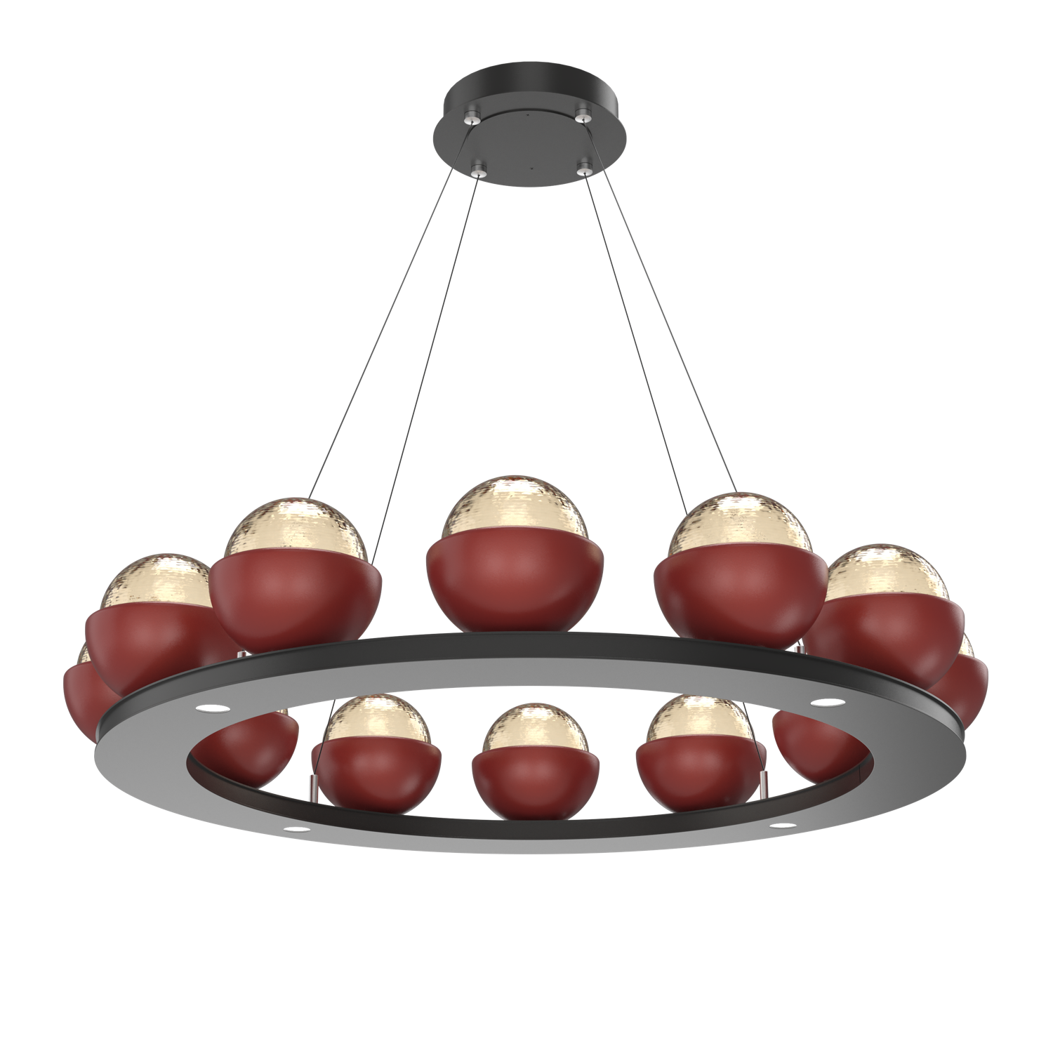 CHB0093-0C-MB-A-CA1-L3-RE-Hammerton-Studio-Cabochon-36-inch-platform-ring-chandelier-with-matte-black-finish-and-amber-blown-glass-shades-and-cinnamon-red-cap