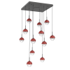 CHB0093-12-MB-C-C01-L3-RE-Hammerton-Studio-Cabochon-12-light-square-pendant-chandelier-with-matte-black-finish-and-clear-blown-glass-shades-and-cinnamon-red-cap
