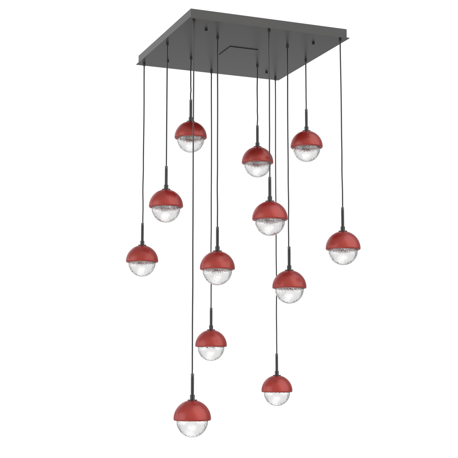 CHB0093-12-MB-C-C01-L3-RE-Hammerton-Studio-Cabochon-12-light-square-pendant-chandelier-with-matte-black-finish-and-clear-blown-glass-shades-and-cinnamon-red-cap