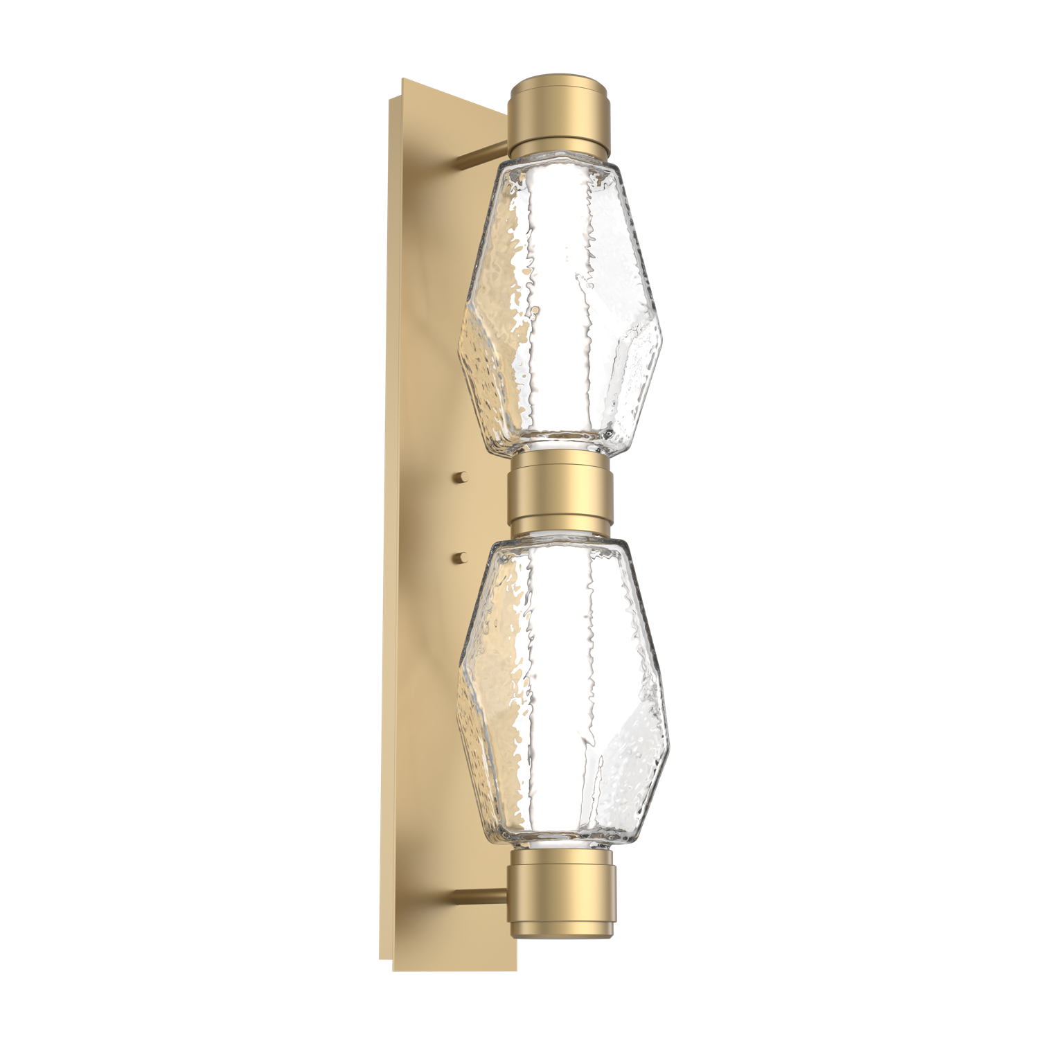 IDB0039-D2-GB-C-Hammerton-Studio-Gem-2-light-mandrel-wall-sconce-with-gilded-brass-finish-and-clear-blown-glass-shades-and-LED-lamping