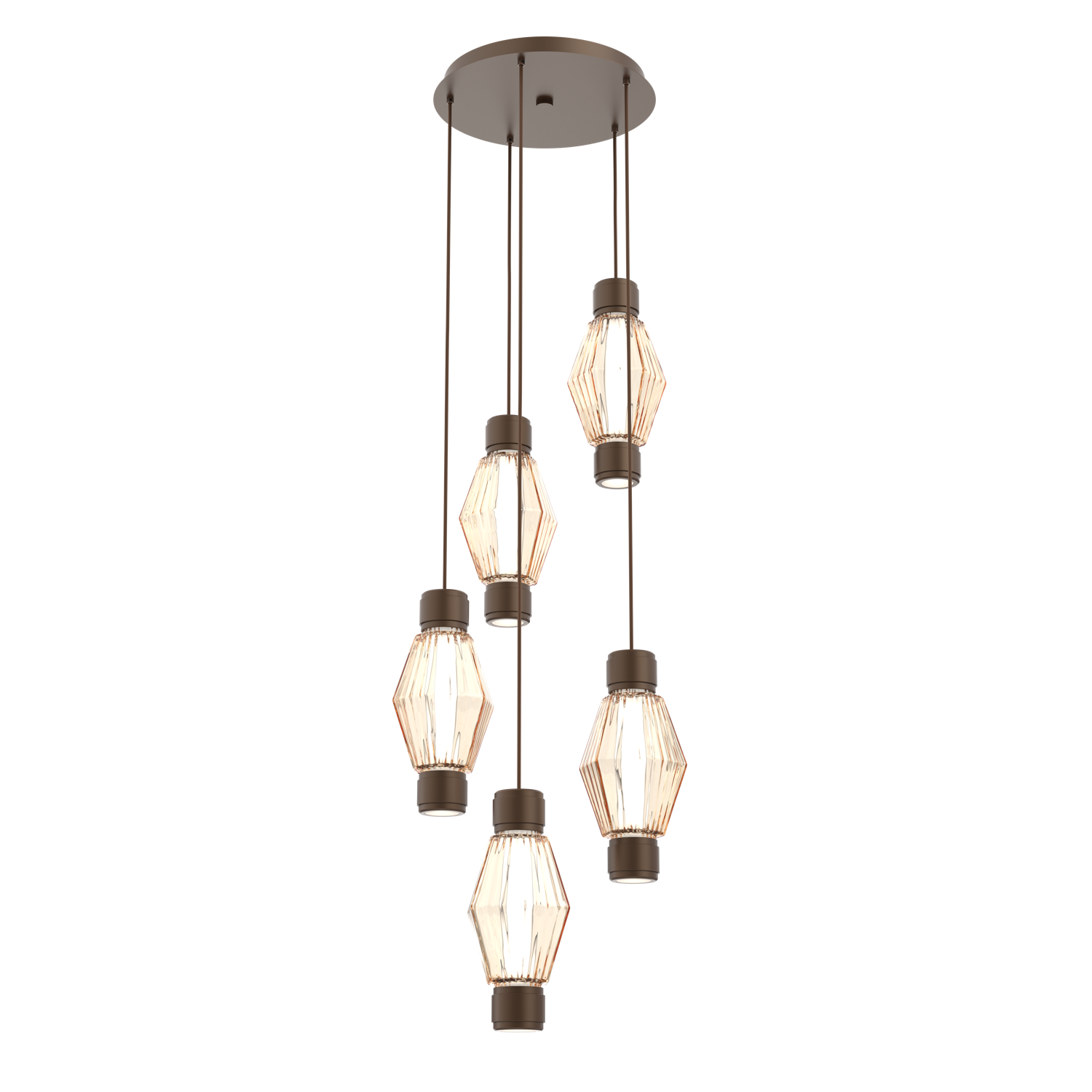 CHB0049-D5-FB-RA-Hammerton-Studio-Aalto-5-light-mandrel-multi-pendant-chandelier-with-flat-bronze-finish-and-optic-ribbed-amber-glass-shades-and-LED-lamping